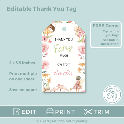 Editable Birthday Thank You Tag - Fairy