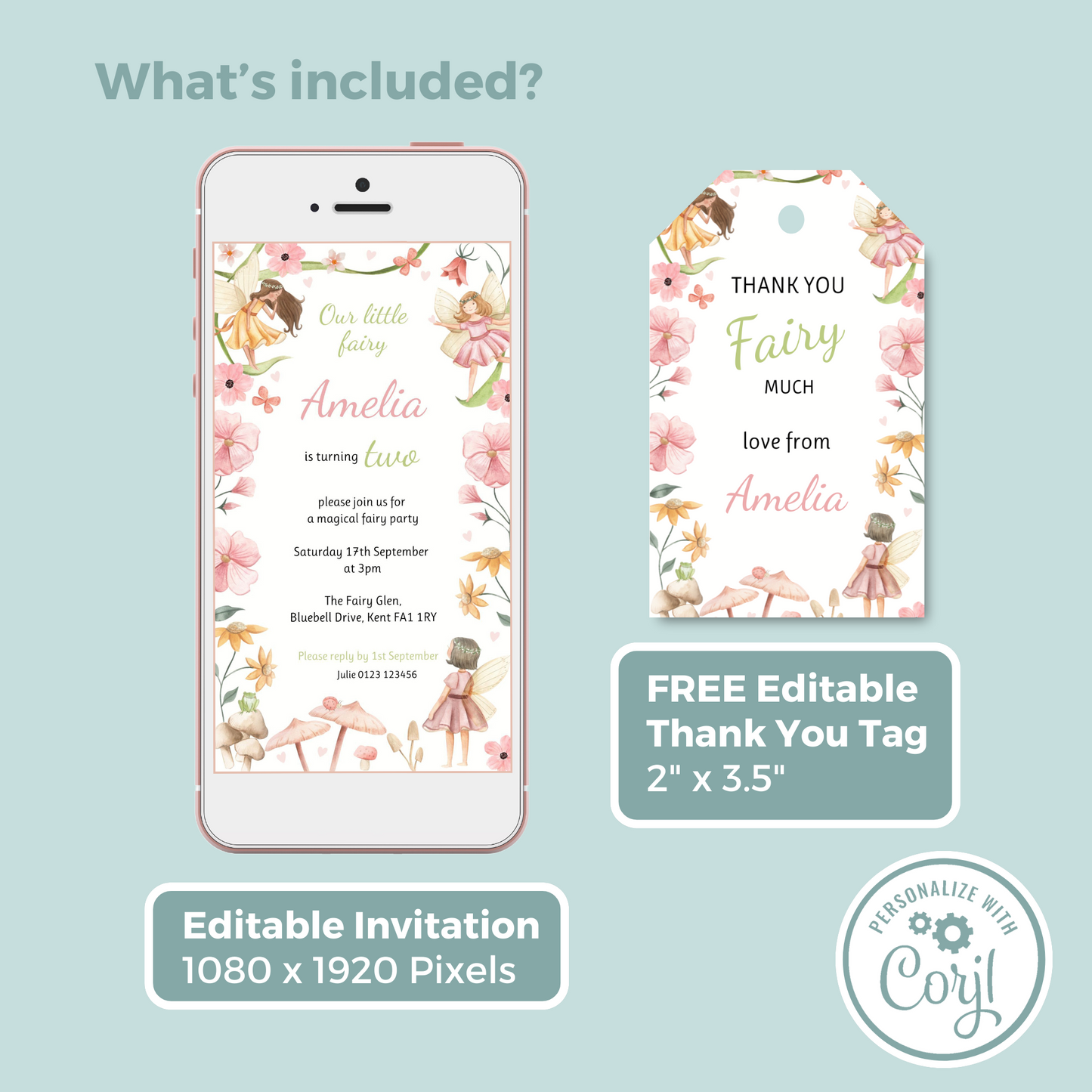 Editable Phone Birthday Invitation and FREE Thank You Tag - Fairy