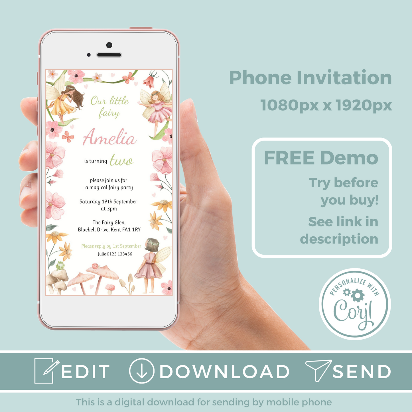 Editable Phone Birthday Invitation and FREE Thank You Tag - Fairy