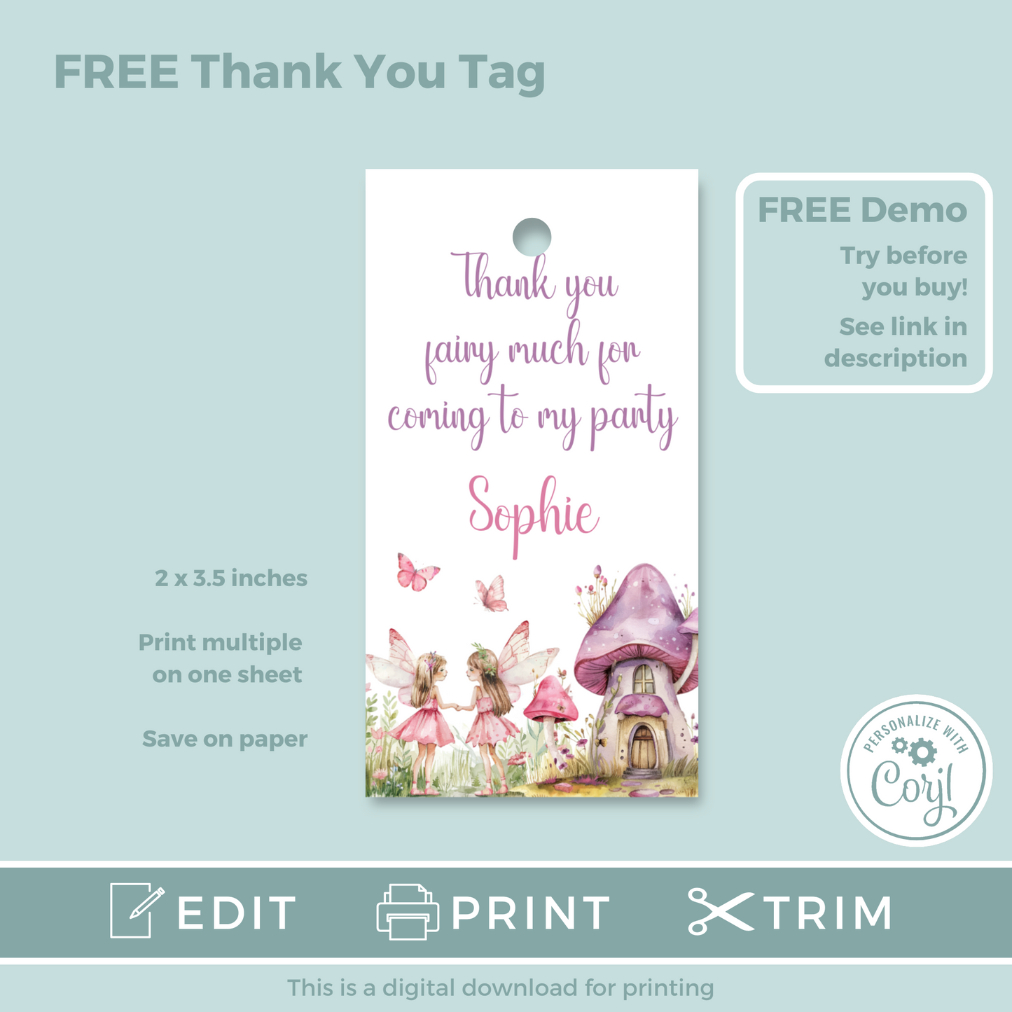 Editable Birthday Invitation and FREE Thank You Tag - Fairy First Birthday