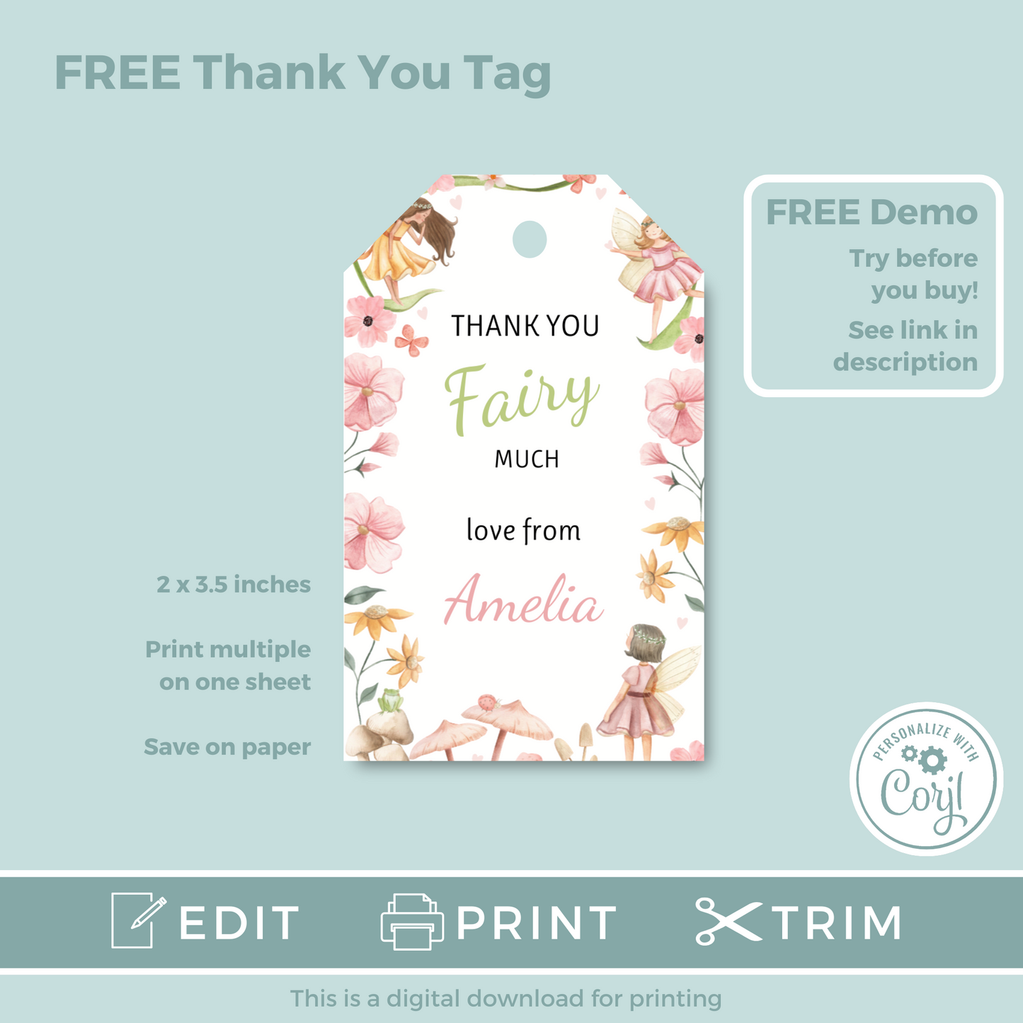 Editable Phone Birthday Invitation and FREE Thank You Tag - Fairy