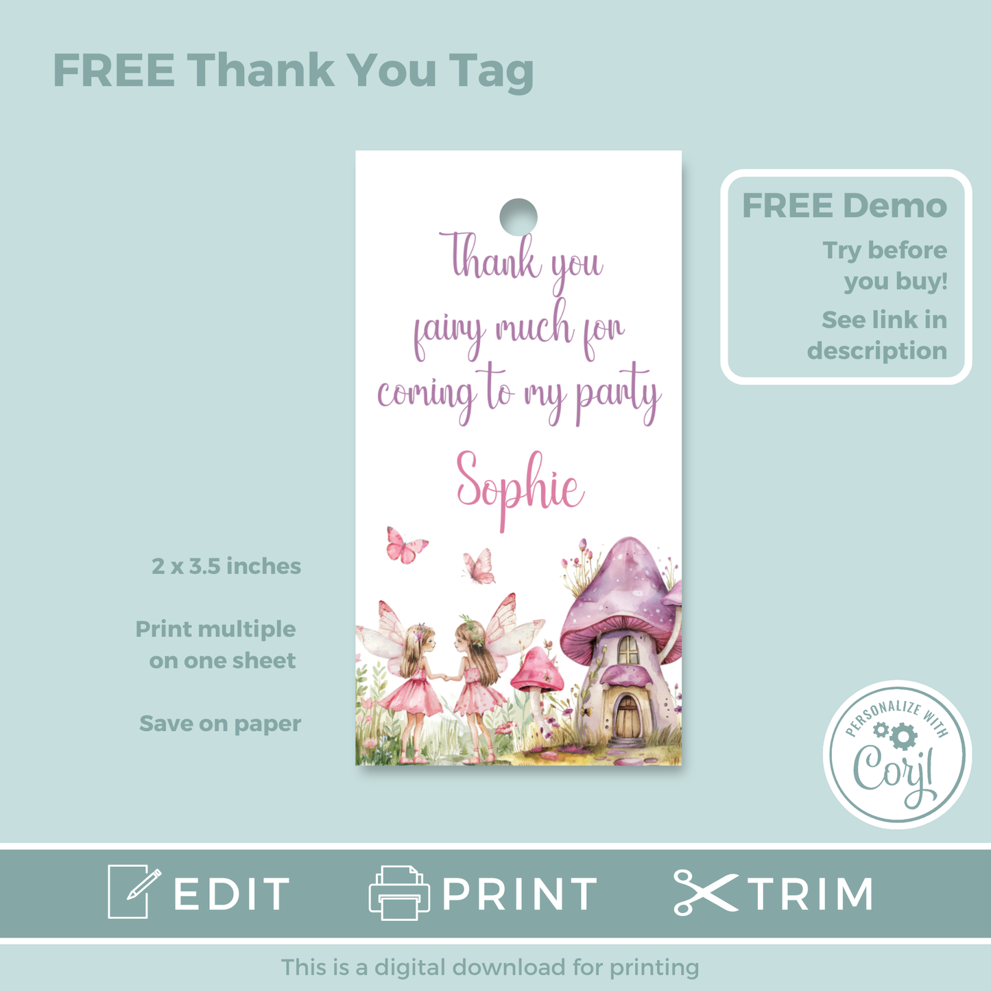 Editable Evite Birthday Invitation and FREE Thank You Tag - Fairy First