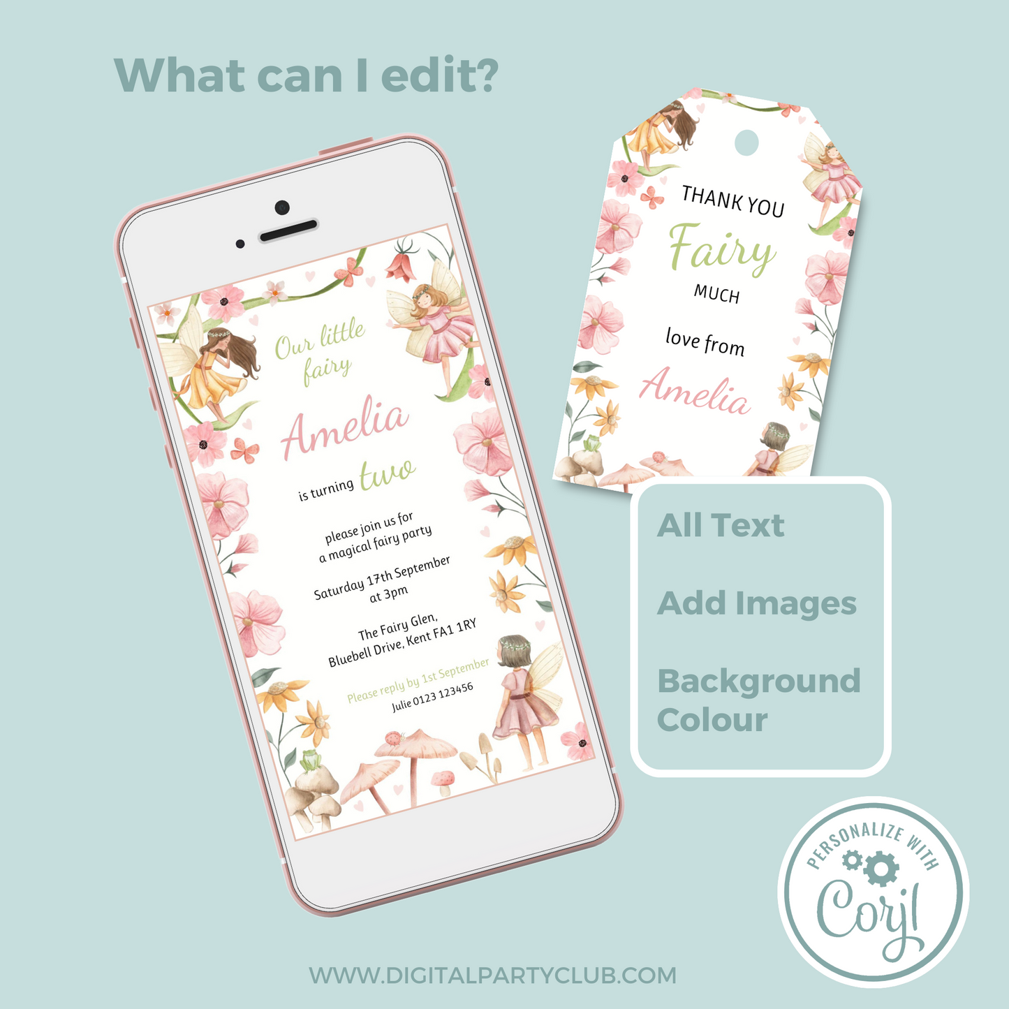 Editable Phone Birthday Invitation and FREE Thank You Tag - Fairy