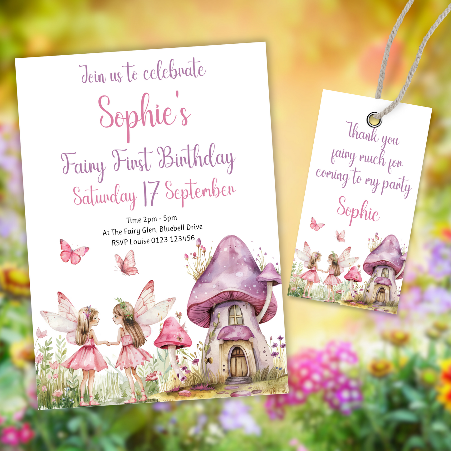 Editable Birthday Invitation and FREE Thank You Tag - Fairy First Birthday