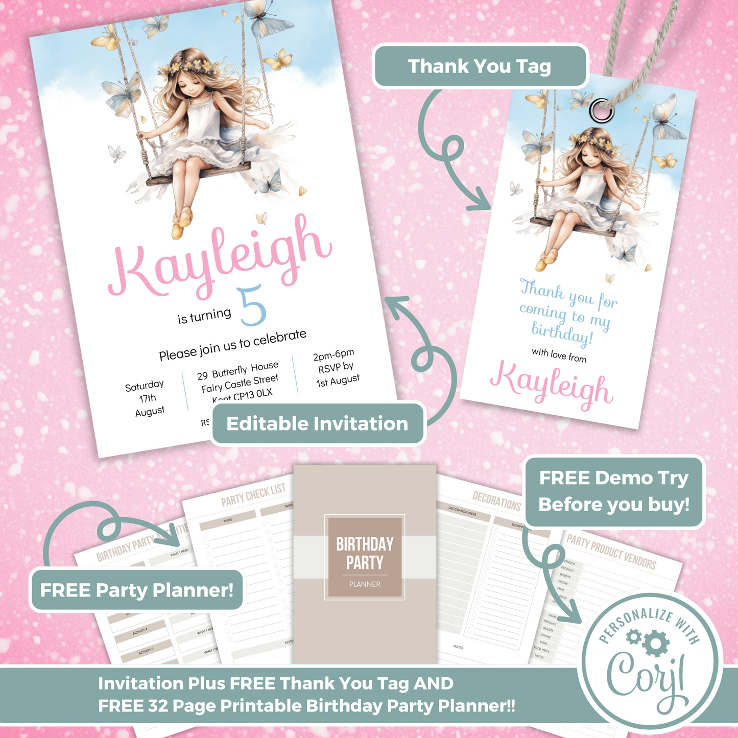 Editable Birthday Invitation and FREE Thank You Tag - Fairy Princess