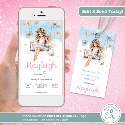 Editable Evite Birthday Invitation and FREE Thank You Tag - Fairy Princess