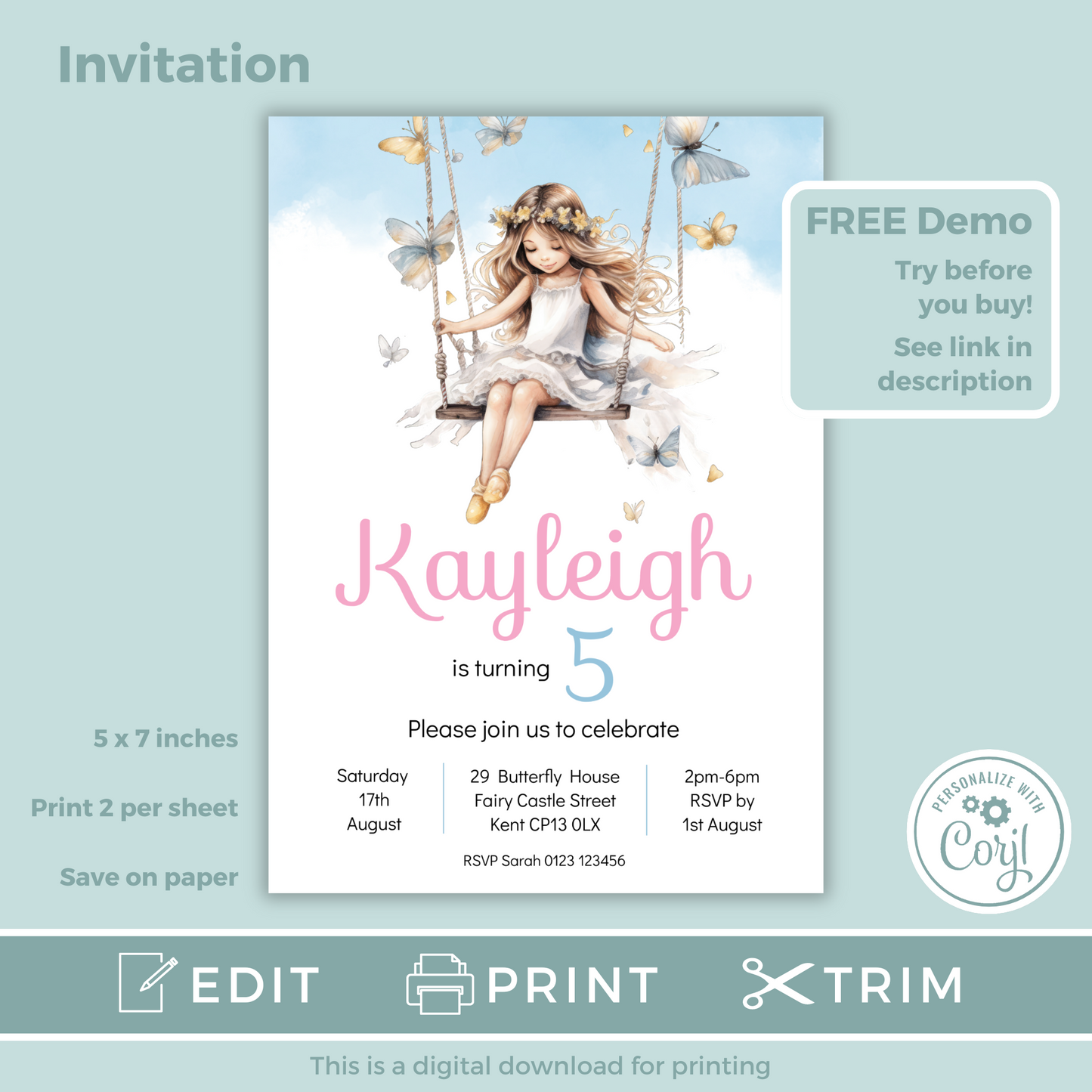 Editable Birthday Invitation and FREE Thank You Tag - Fairy Princess