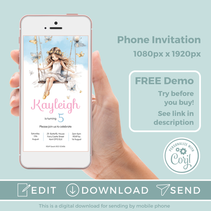 Editable Evite Birthday Invitation and FREE Thank You Tag - Fairy Princess