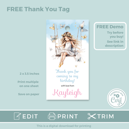 Editable Evite Birthday Invitation and FREE Thank You Tag - Fairy Princess