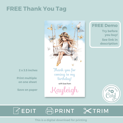 Editable Birthday Invitation and FREE Thank You Tag - Fairy Princess