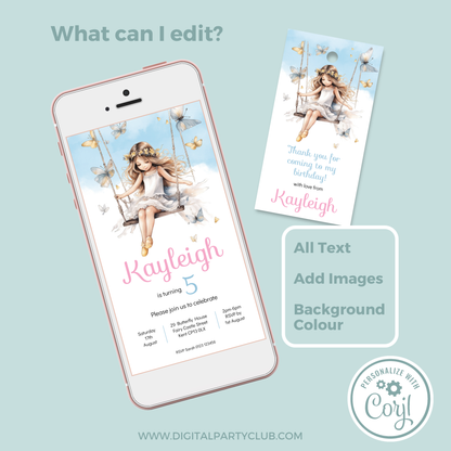 Editable Evite Birthday Invitation and FREE Thank You Tag - Fairy Princess