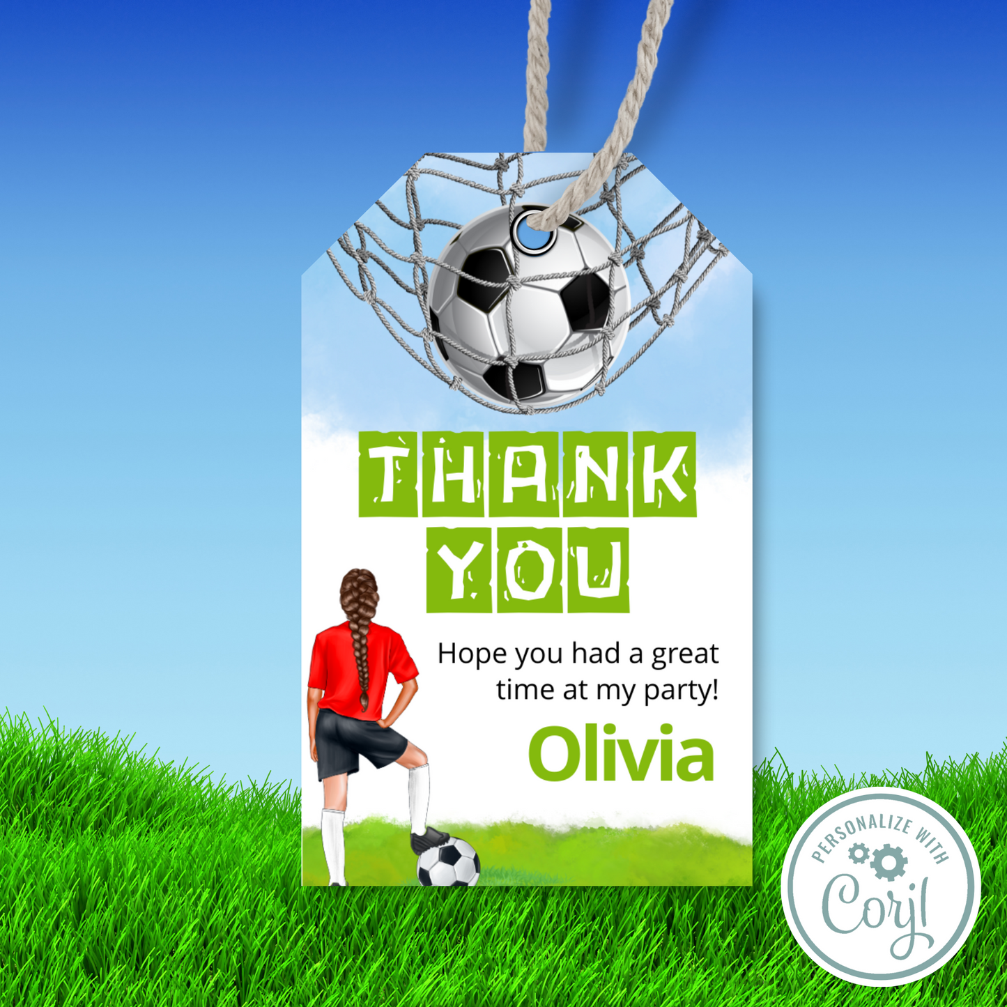 Editable Birthday Thank You Tag - Football Girl Red