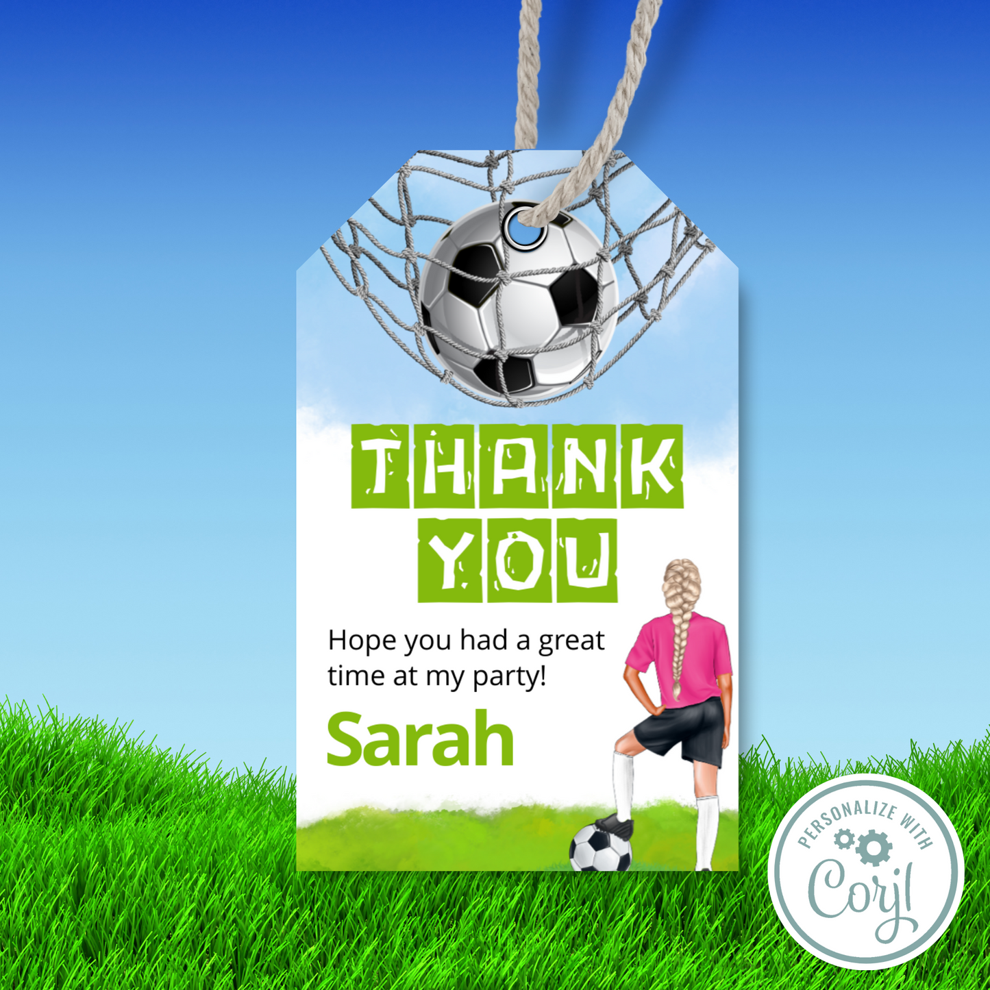 Editable Birthday Thank You Tag - Football Girl Pink