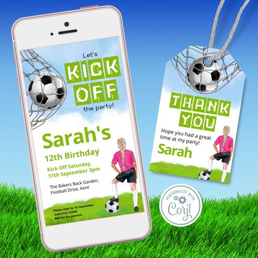 Editable Phone Birthday Invitation and FREE Thank You Tag - Football Girl Pink