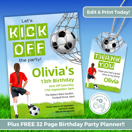 Editable Birthday Invitation and FREE Thank You Tag - Football Girl Red