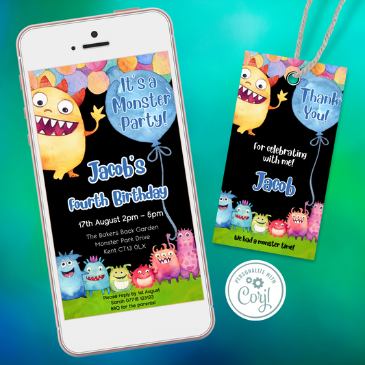 Editable Phone Birthday Invitation and FREE Thank You Tag - Monster