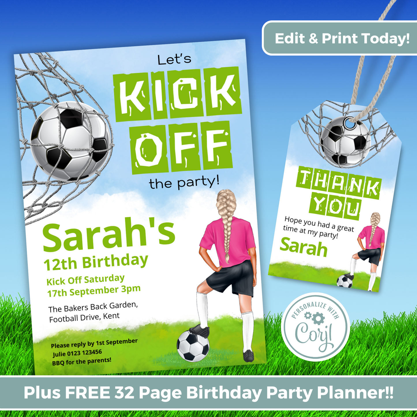 Editable Birthday Invitation and FREE Thank You Tag - Football Girl Pink