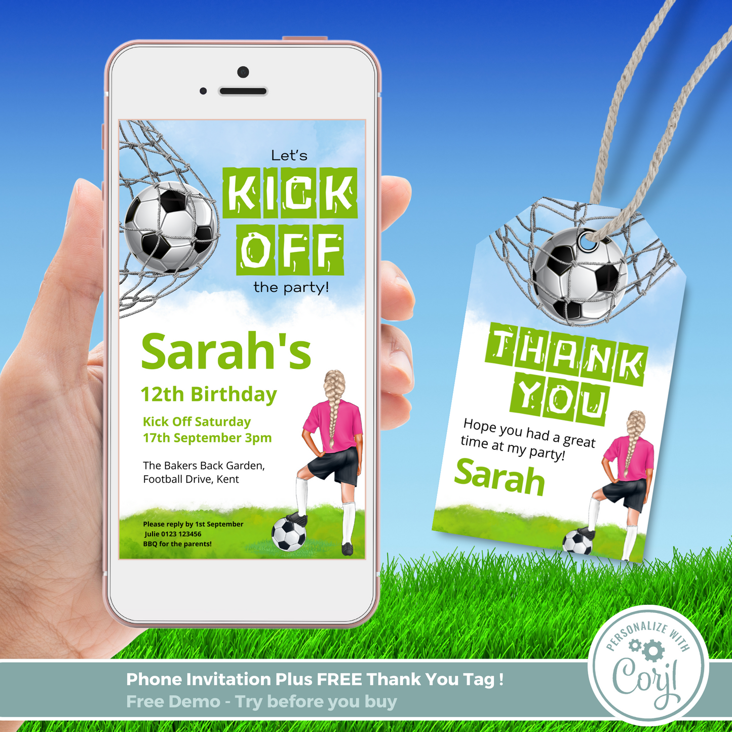 Editable Phone Birthday Invitation and FREE Thank You Tag - Football Girl Pink