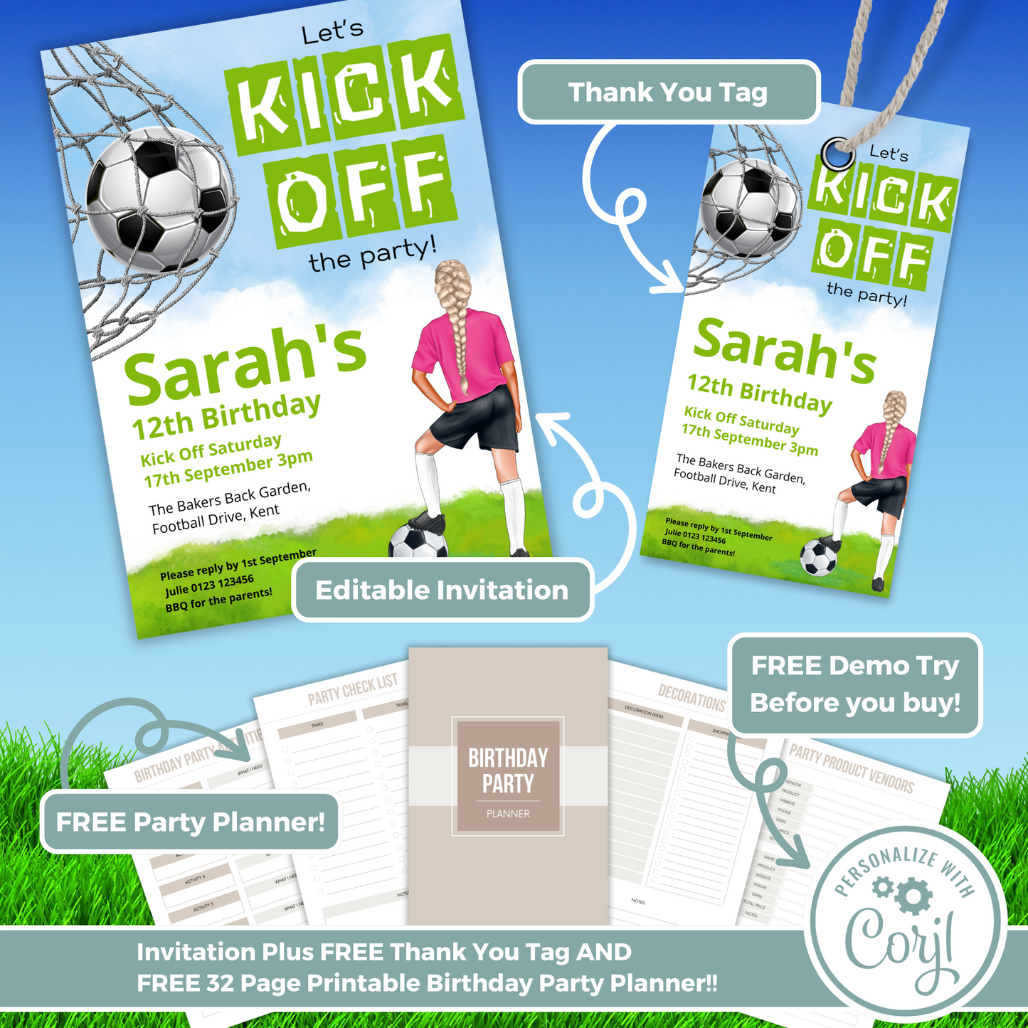 Editable Birthday Invitation and FREE Thank You Tag - Football Girl Pink