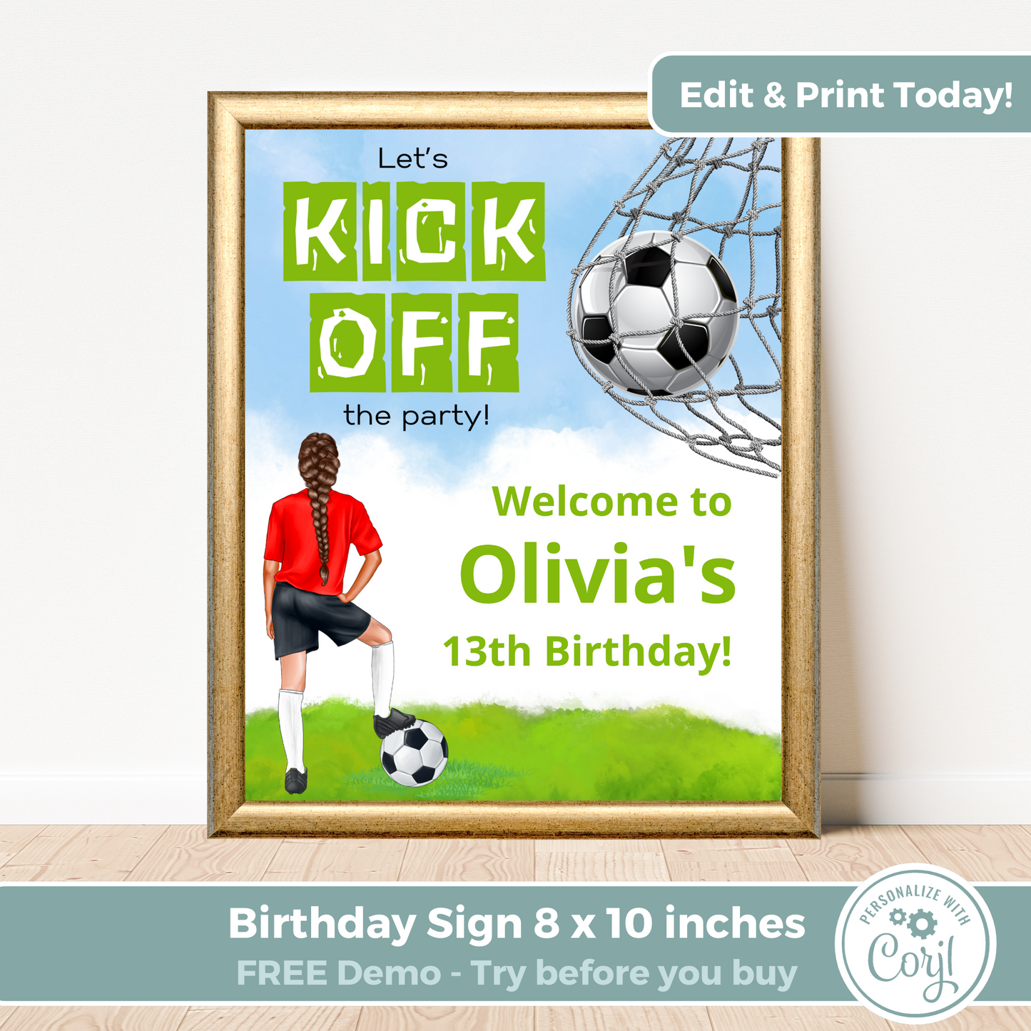 Editable Birthday Welcome Sign - Football Girl Red