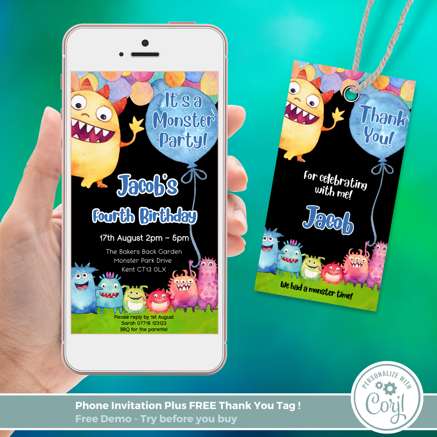 Editable Phone Birthday Invitation and FREE Thank You Tag - Monster