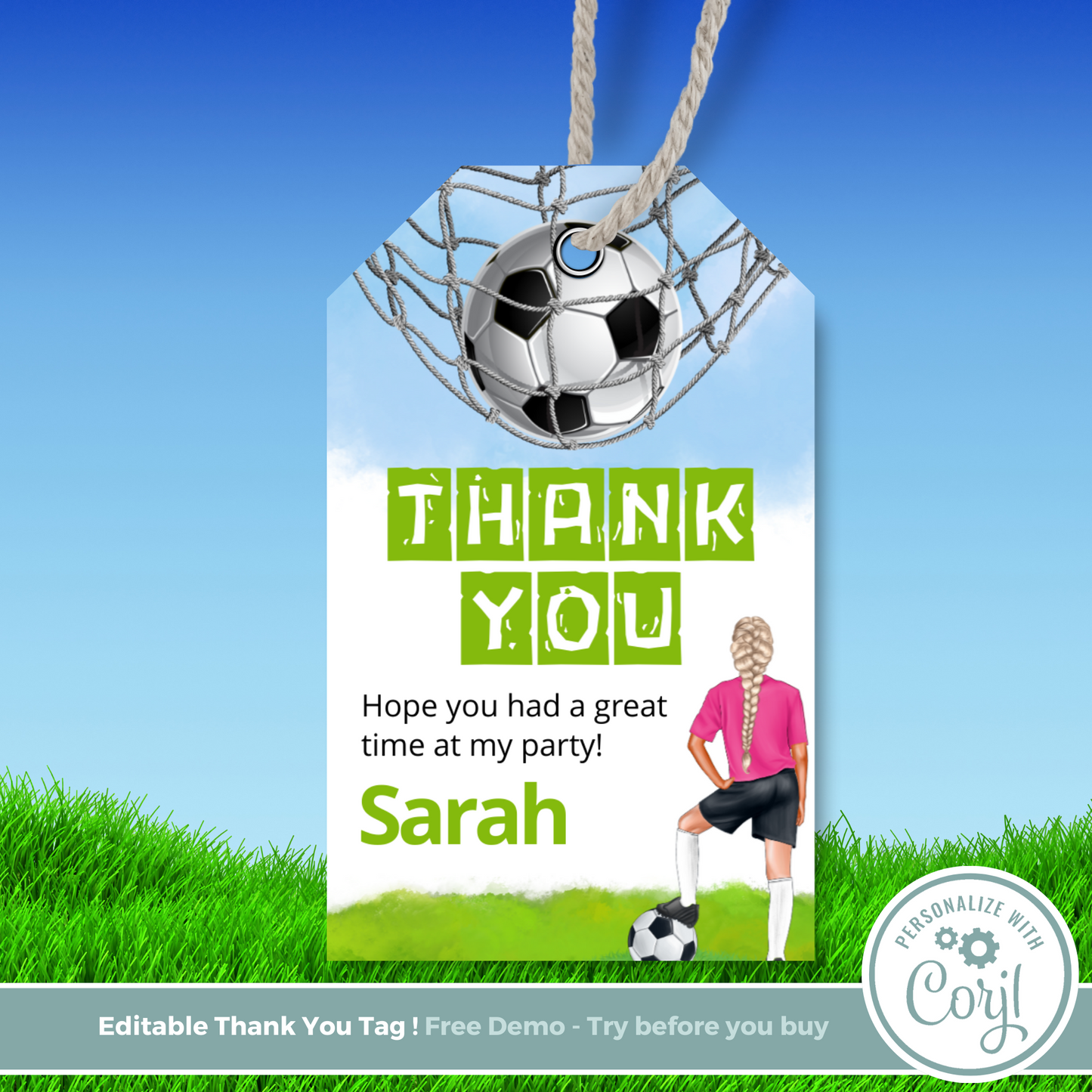 Editable Birthday Thank You Tag - Football Girl Pink