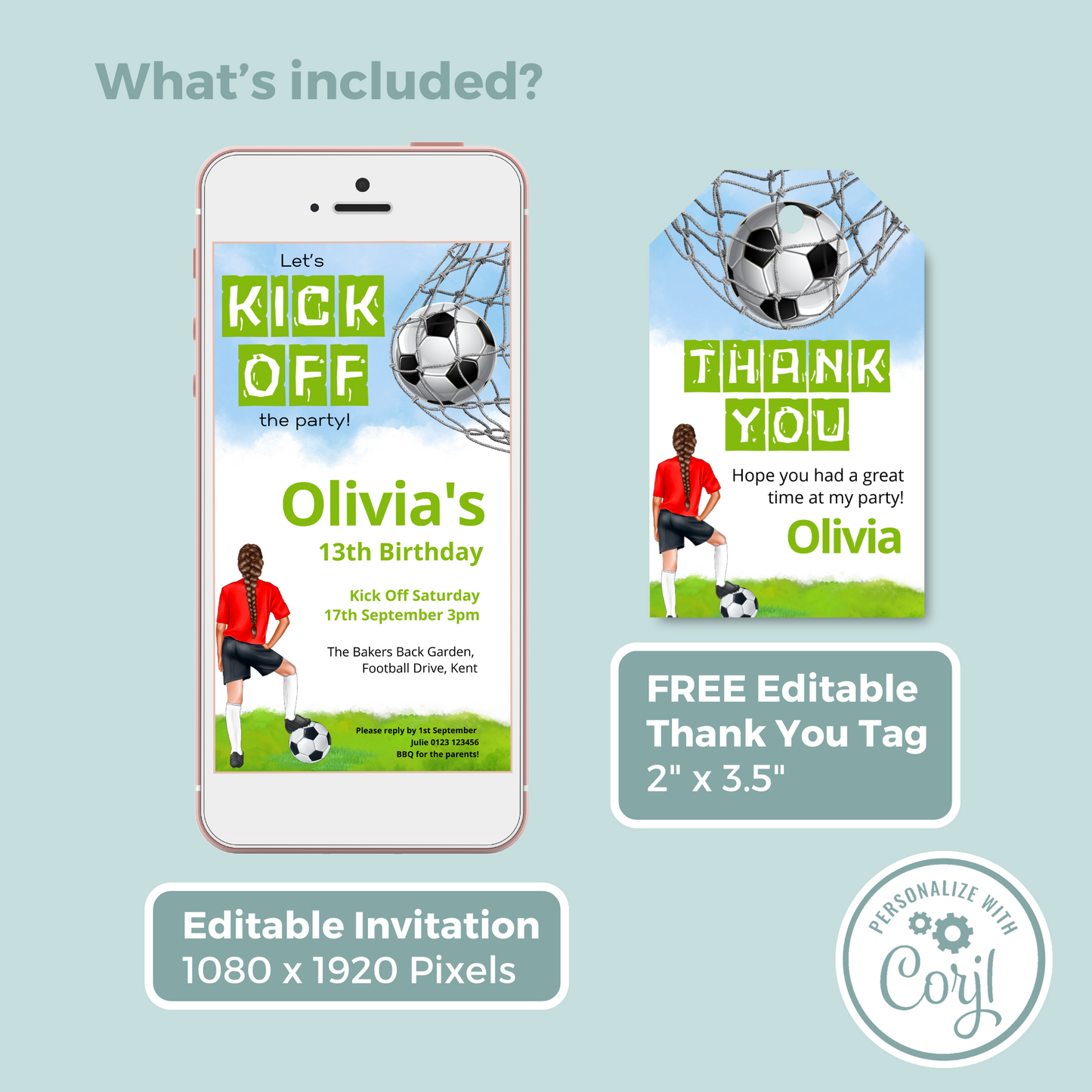 Editable Phone Birthday Invitation and FREE Thank You Tag - Football Girl Red