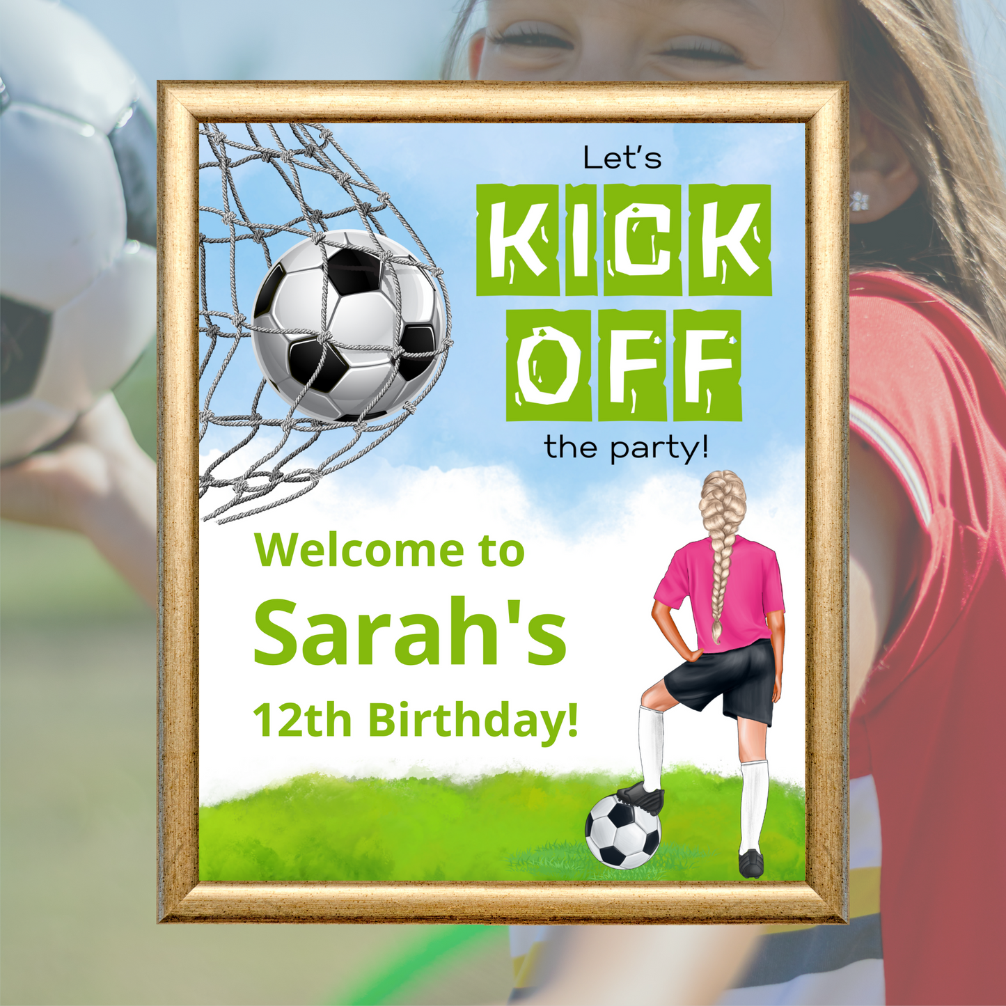 Editable Birthday Welcome Sign - Football Girl Pink