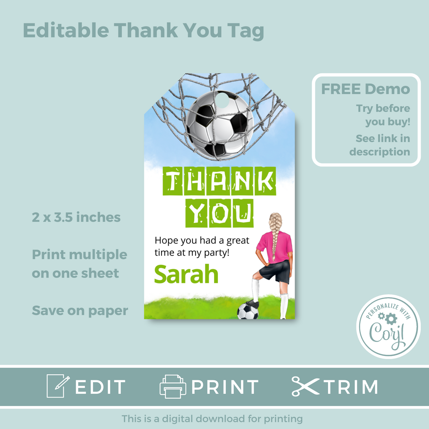 Editable Birthday Thank You Tag - Football Girl Pink