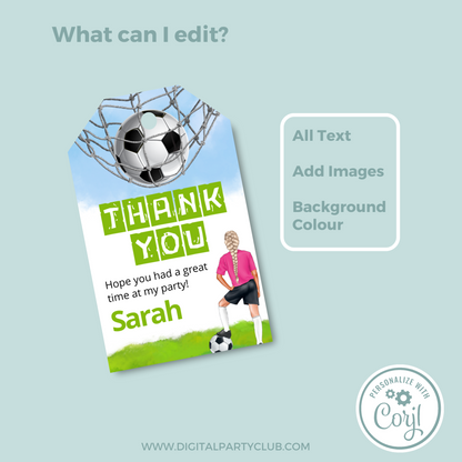 Editable Birthday Thank You Tag - Football Girl Pink
