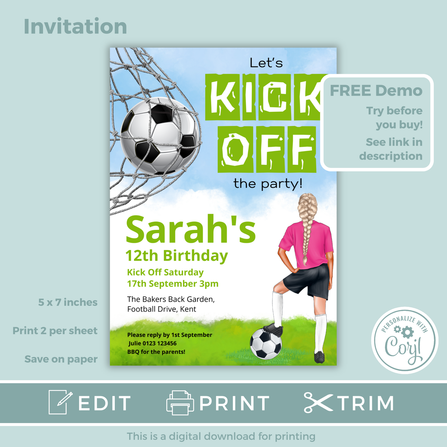 Editable Birthday Invitation and FREE Thank You Tag - Football Girl Pink