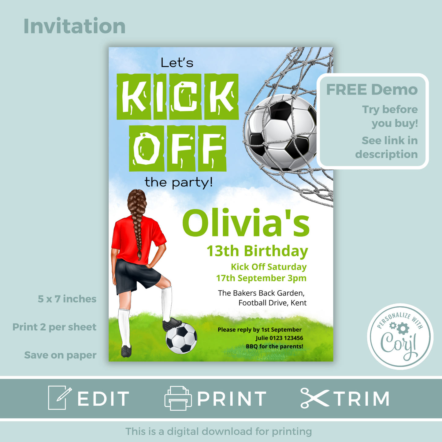 Editable Birthday Invitation and FREE Thank You Tag - Football Girl Red