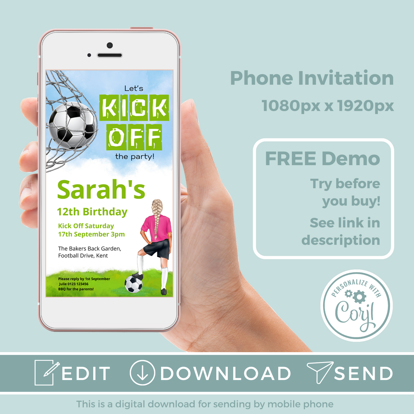 Editable Phone Birthday Invitation and FREE Thank You Tag - Football Girl Pink