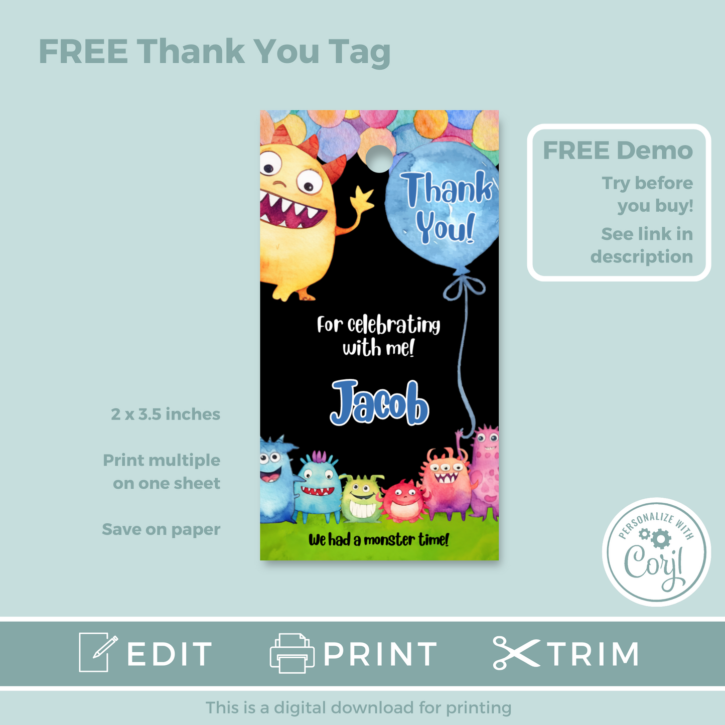 Editable Phone Birthday Invitation and FREE Thank You Tag - Monster