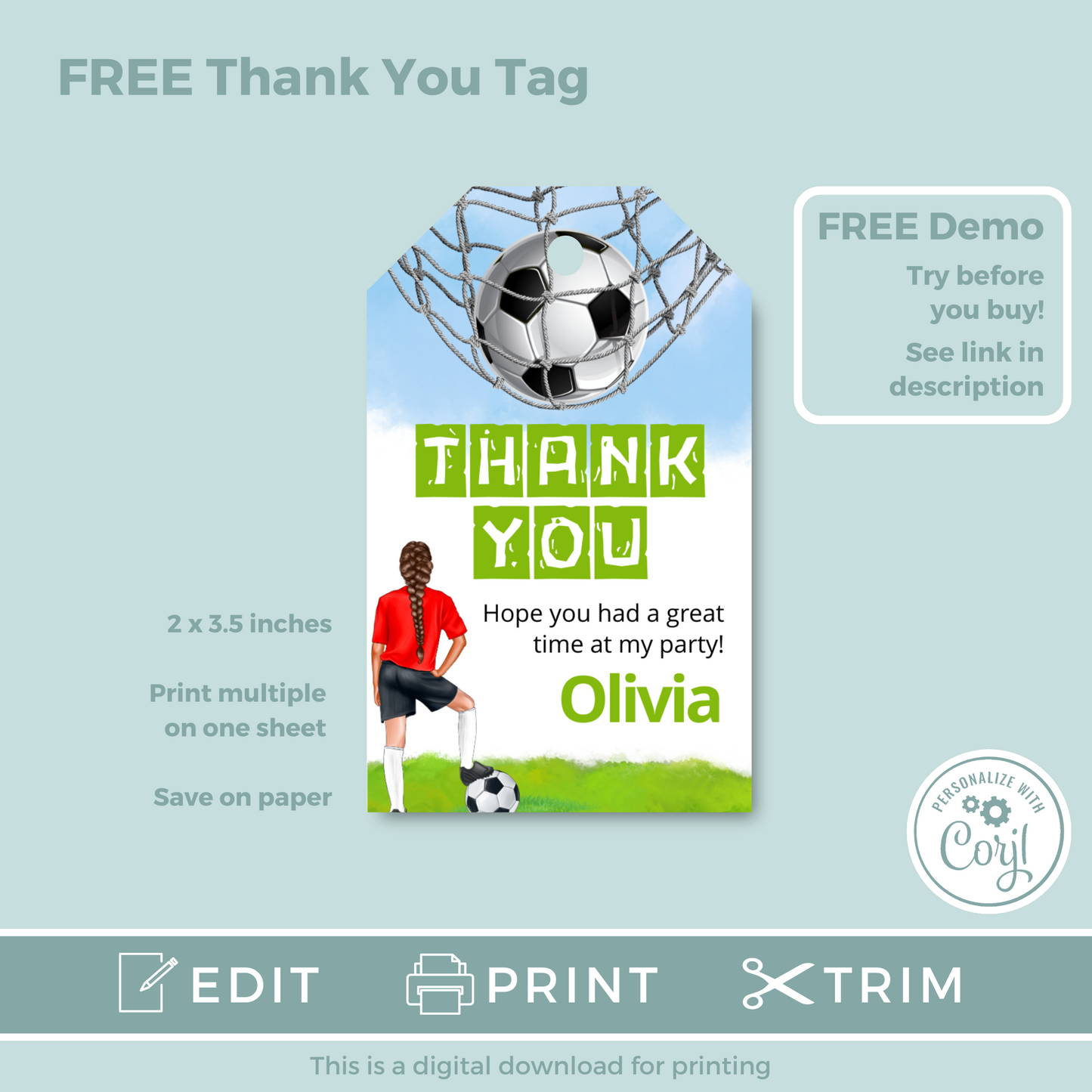 Editable Birthday Invitation and FREE Thank You Tag - Football Girl Red