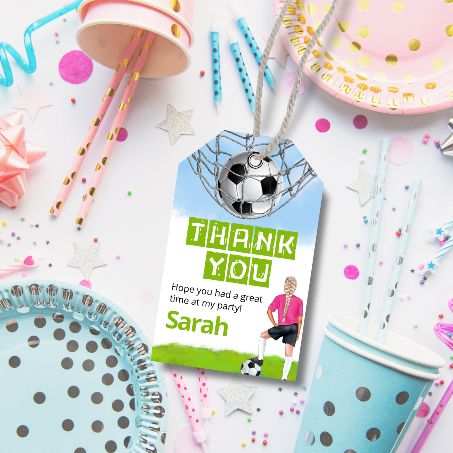 Editable Birthday Thank You Tag - Football Girl Pink