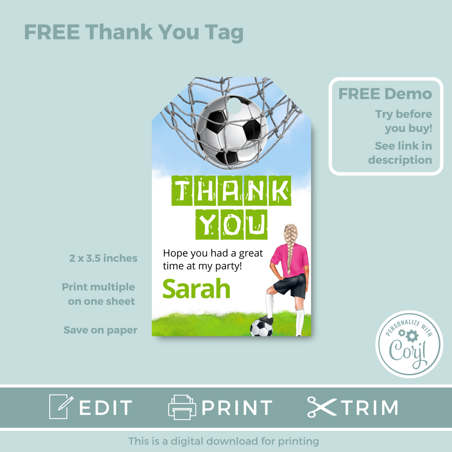 Editable Birthday Invitation and FREE Thank You Tag - Football Girl Pink