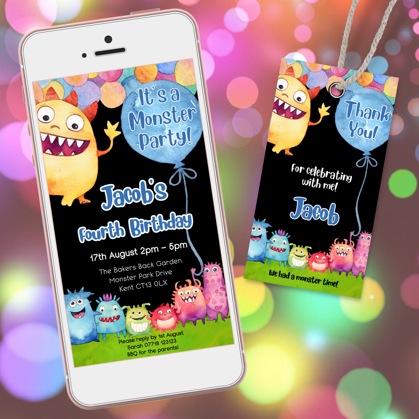 Editable Phone Birthday Invitation and FREE Thank You Tag - Monster