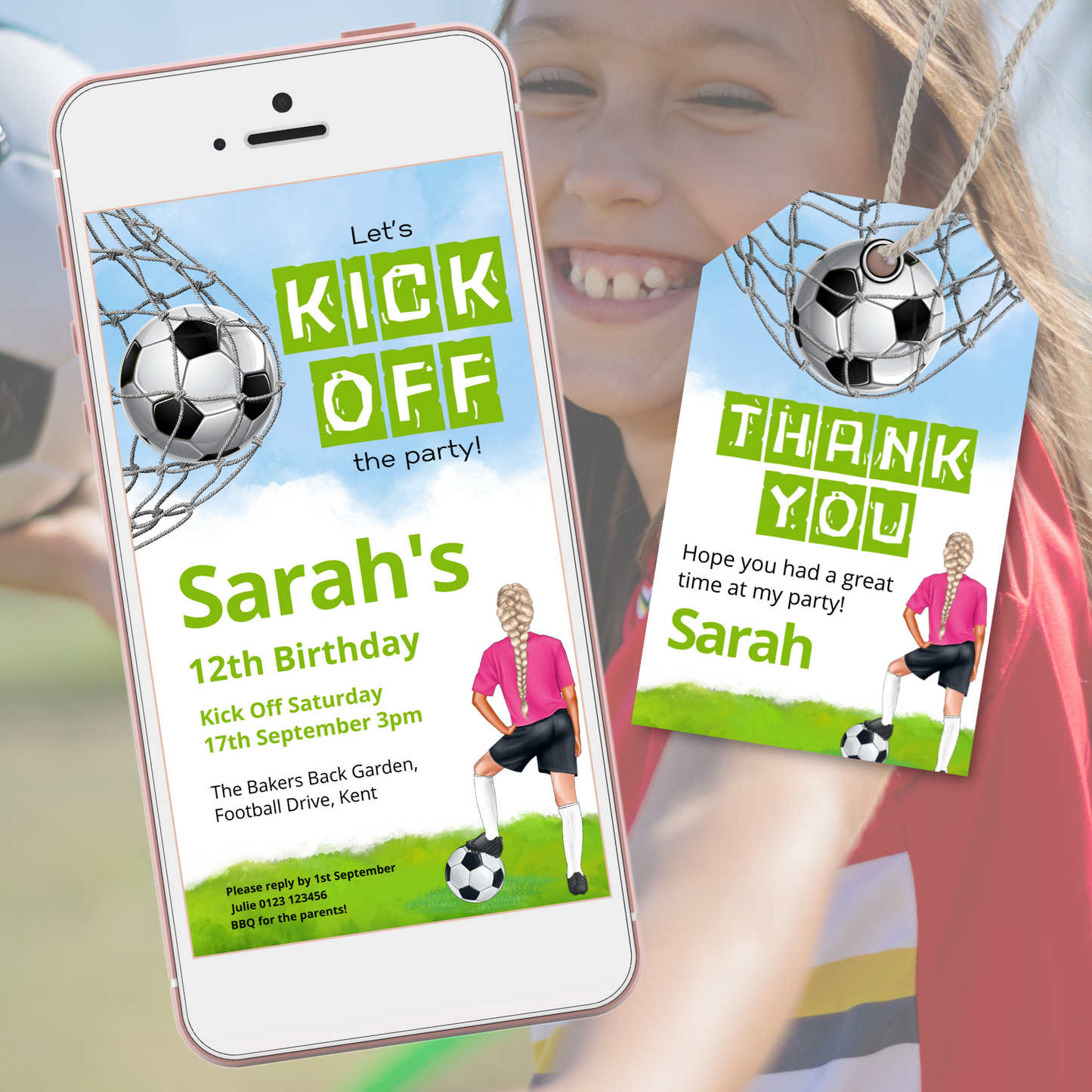 Editable Phone Birthday Invitation and FREE Thank You Tag - Football Girl Pink