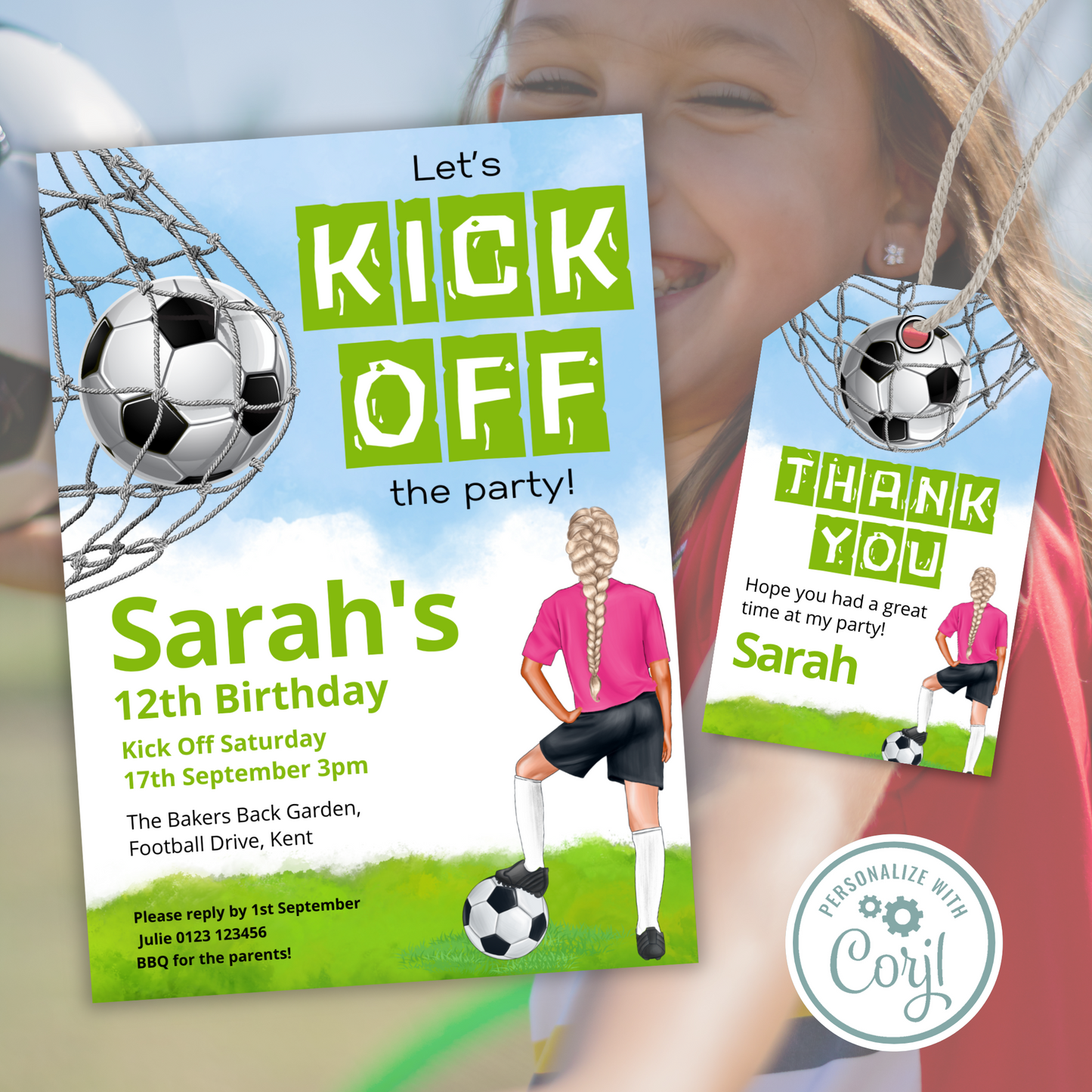 Editable Birthday Invitation and FREE Thank You Tag - Football Girl Pink