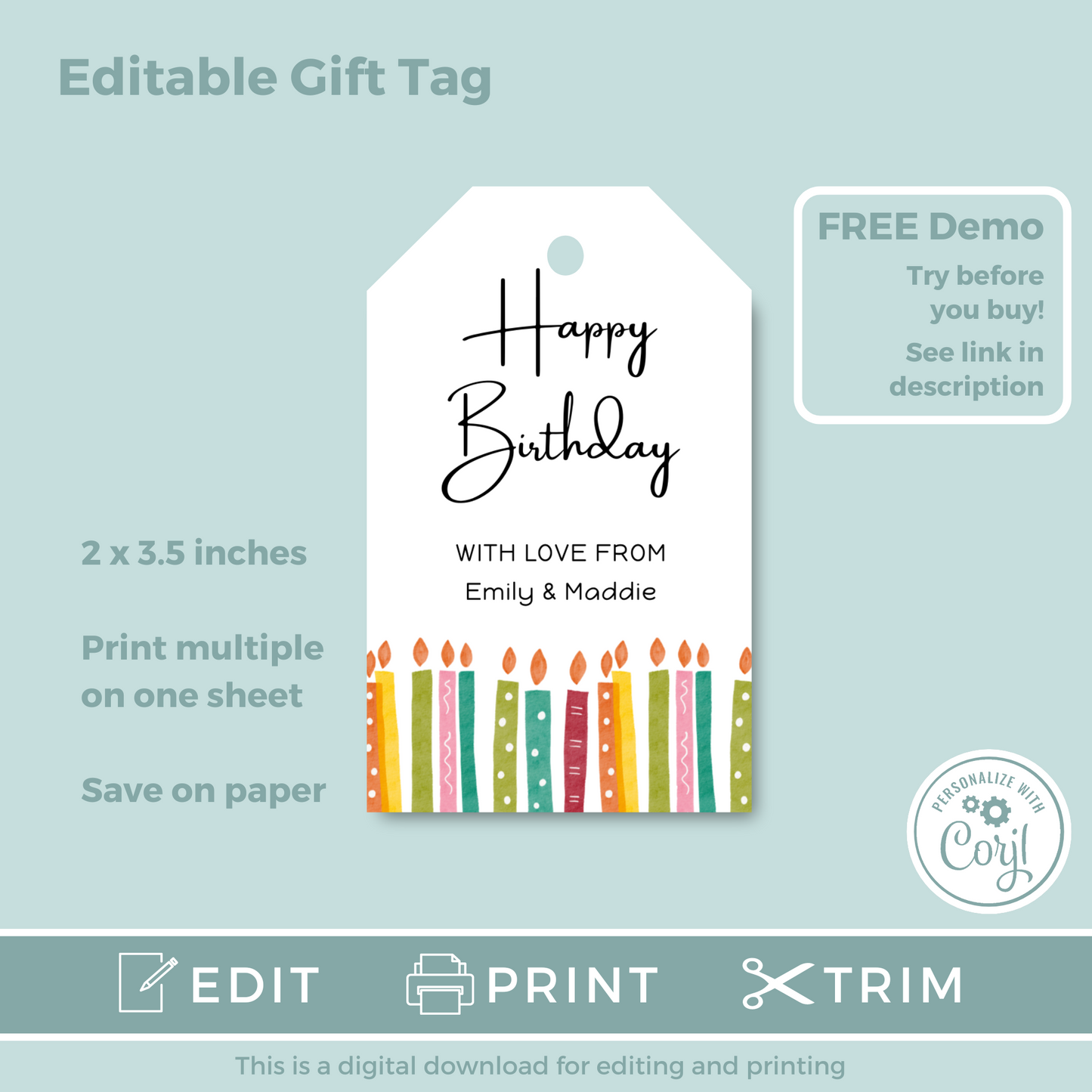 Editable Birthday Gift Tag - Candles