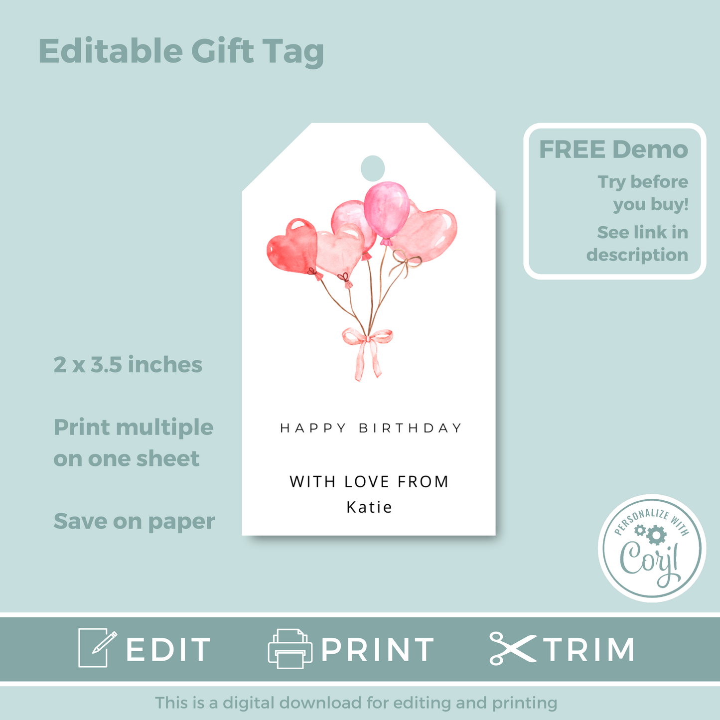 Editable Birthday Gift Tag - Balloons