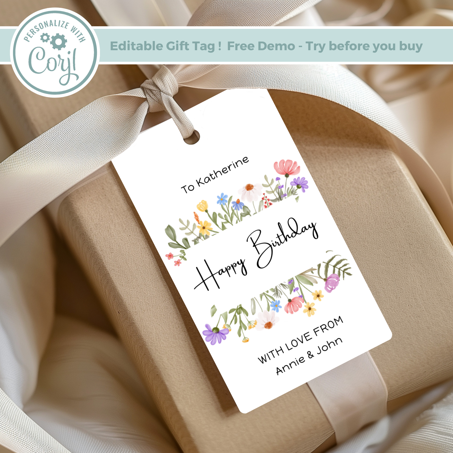 Editable Birthday Gift Tag - Flowers