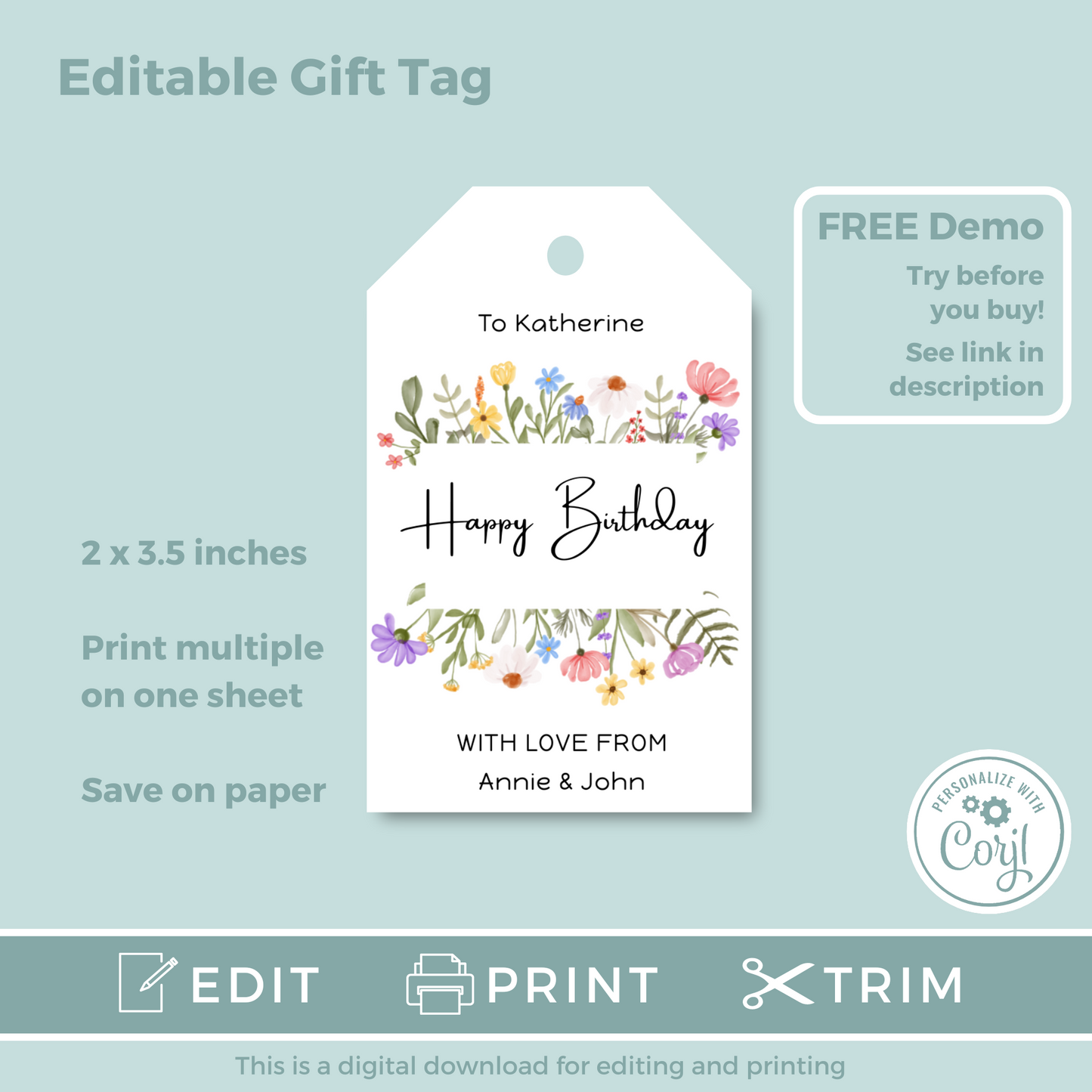 Editable Birthday Gift Tag - Flowers