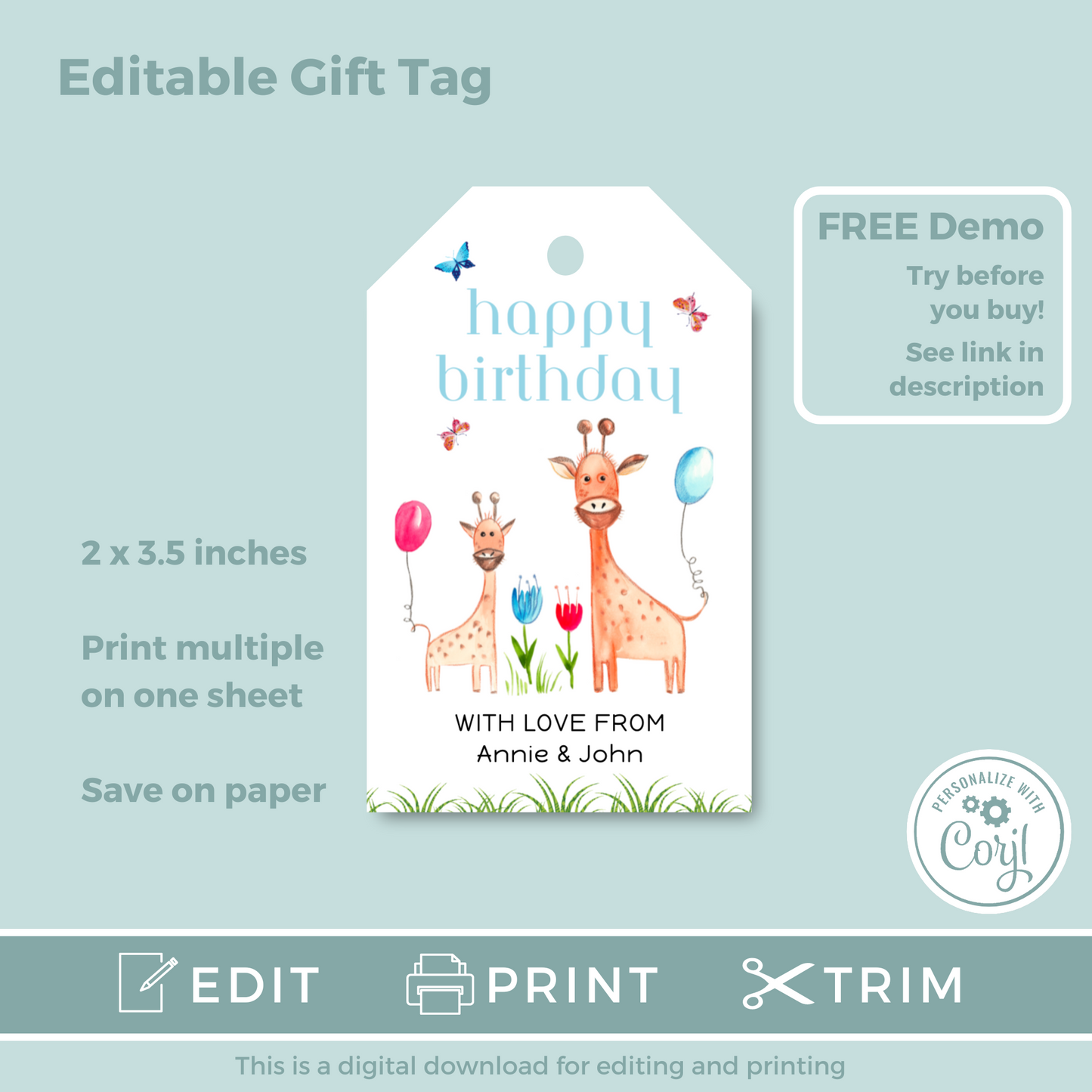 Editable Birthday Gift Tag - Giraffe