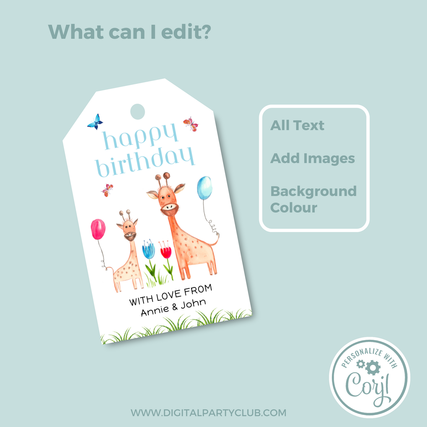 Editable Birthday Gift Tag - Giraffe