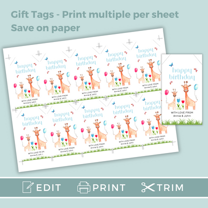 Editable Birthday Gift Tag - Giraffe