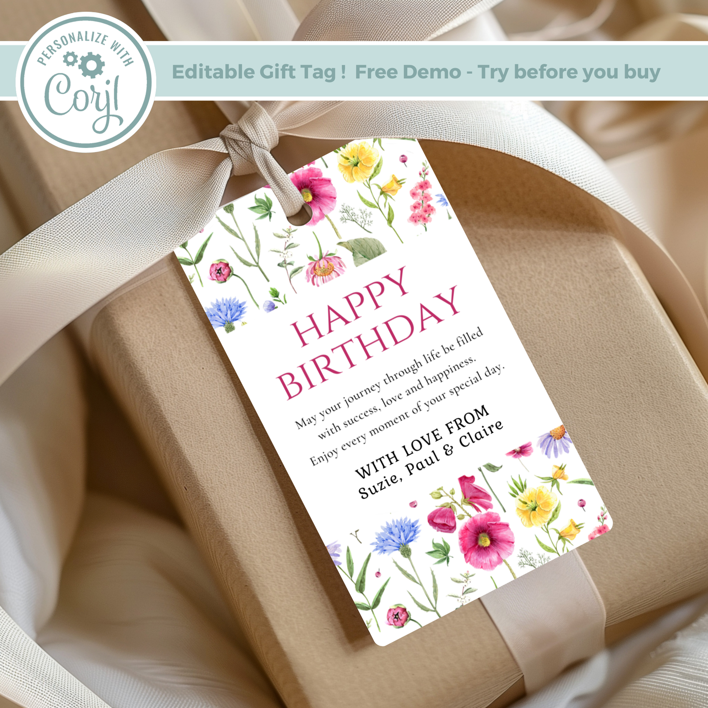 Editable Birthday Gift Tag - Floral