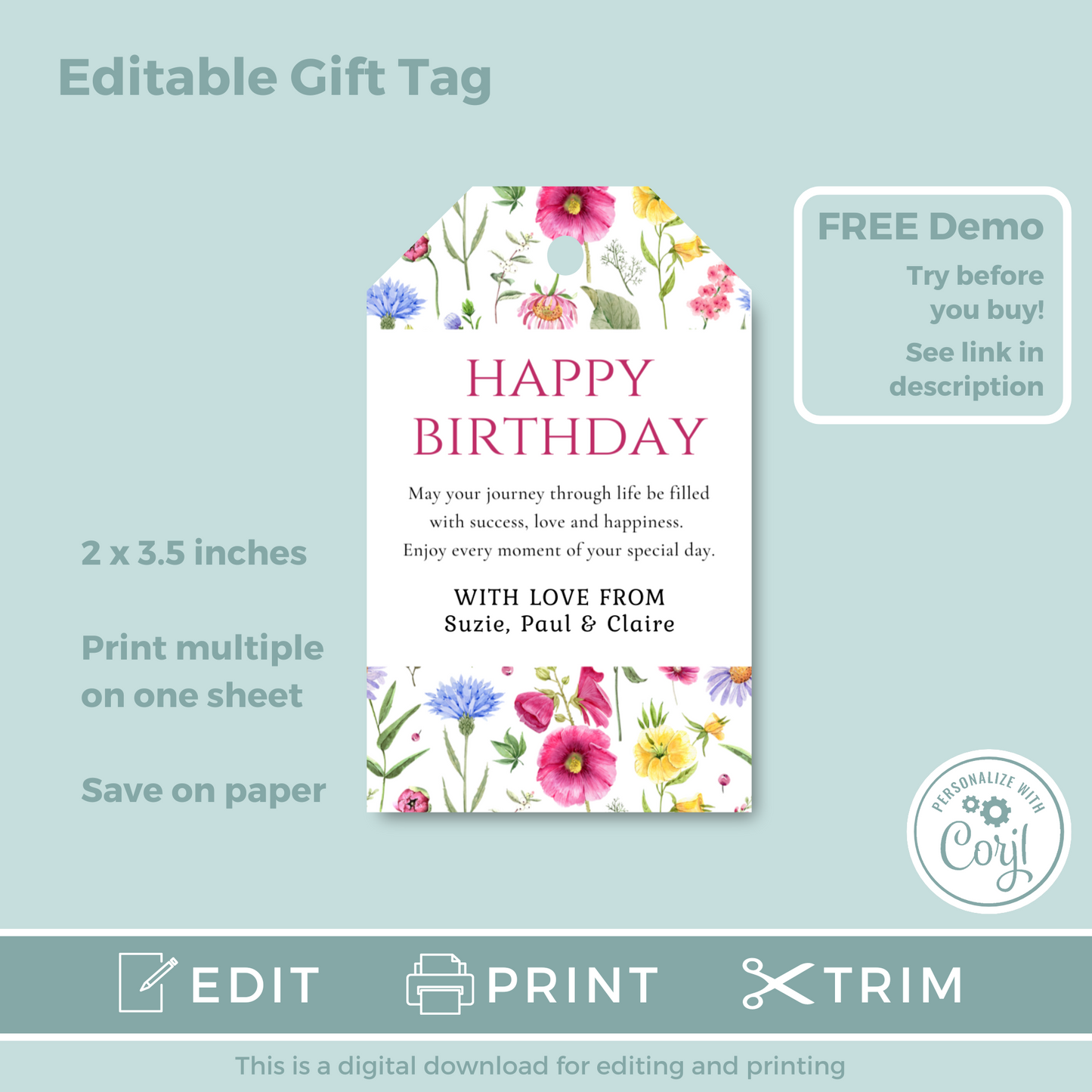 Editable Birthday Gift Tag - Floral