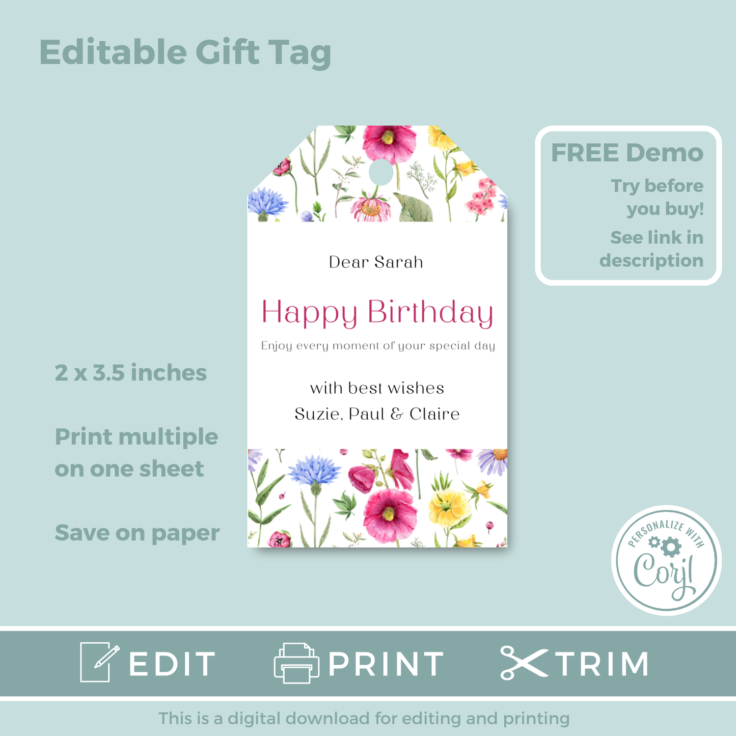 Editable Birthday Gift Tag - Floral
